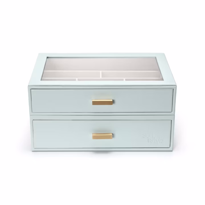 SortWithStyle premium aqua multi-drawer jewelry box with clear glass lid and velvet lining