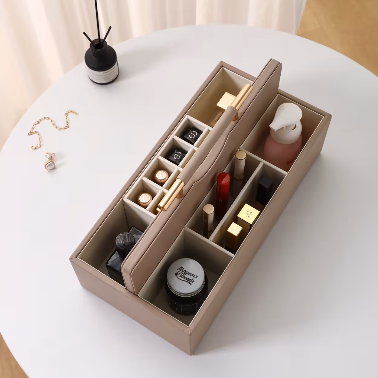 SortWithStyle Luxury Taupe Skincare Organizer Items inside